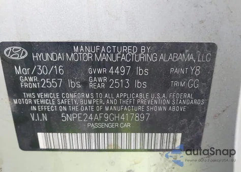 2016 Hyundai Sonata z USA, uszkodzony, nr VIN 5NPE24AF9GH417897